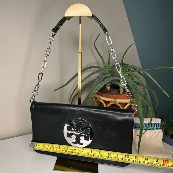 Tory Burch Black Leather Fold-Over Clutch | Removable Chain Strap | Silver Logo - Picture 11 of 12